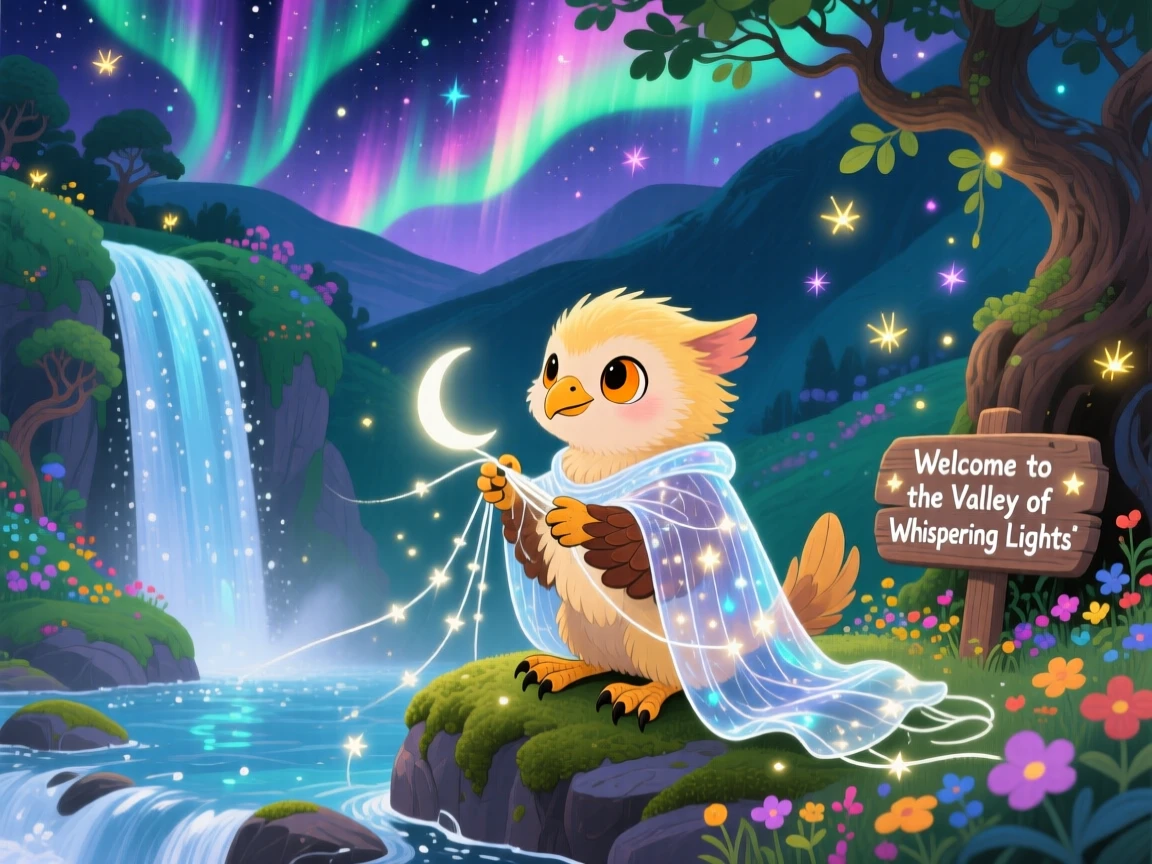 A griffin cub pauses from weaving a cloak out of moonbeams to marvel at a hidden valley behind a waterfall, as the northern lights ripple overhead.