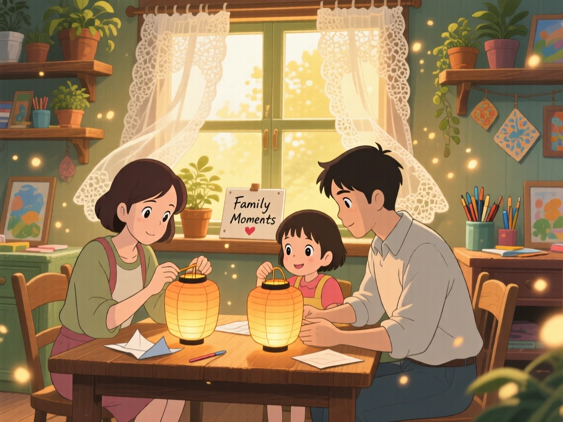 A family gathered around a table making paper lanterns, sunlight streaming through lace curtains, the whole scene feeling peaceful and unhurried.