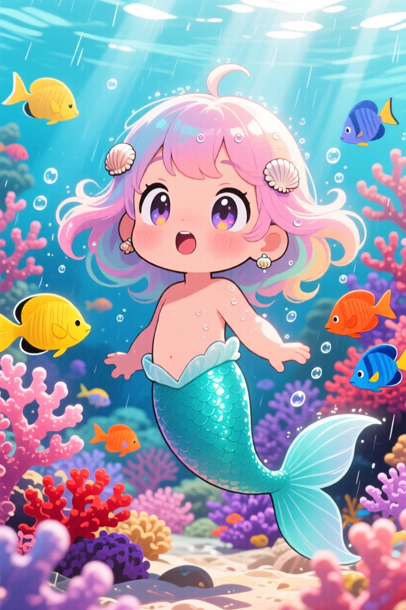 In a vibrant coral reef, a mermaid child is playing tag with a school of colorful fish during a gentle spring rain shower, bathed in bright midday sun, expression full of gentle surprise. Shot as a close-up portrait.
