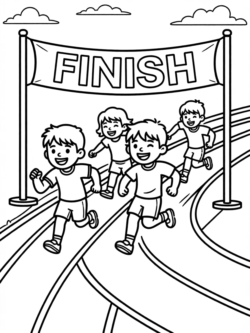 A group of children racing on a track with a finish line