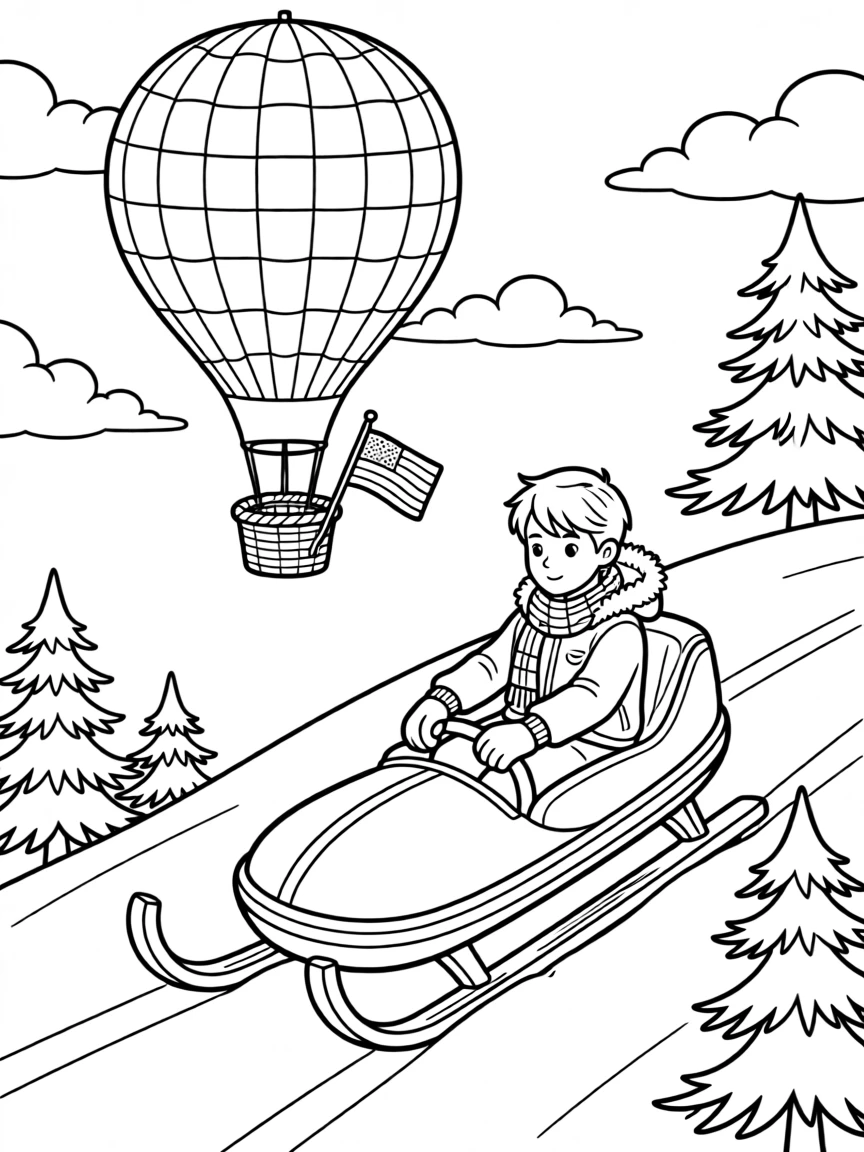 A sled racing down a snowy hill, a hot air balloon drifting through a sky painted with clouds.
