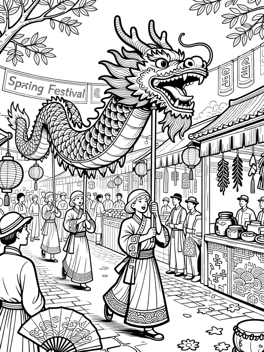 A traditional dragon dance winding through a festival crowd.