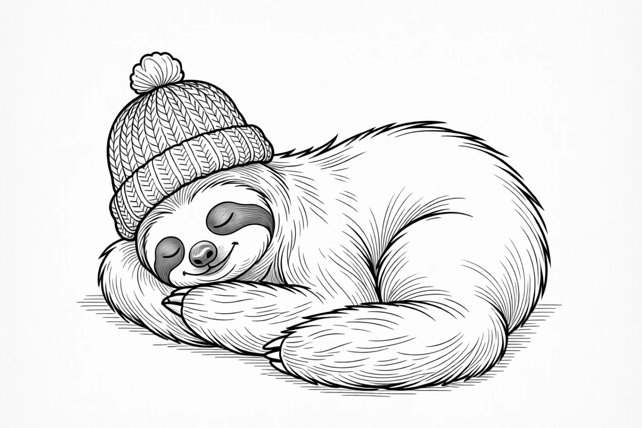A sleepy sloth wearing a tiny knitted hat