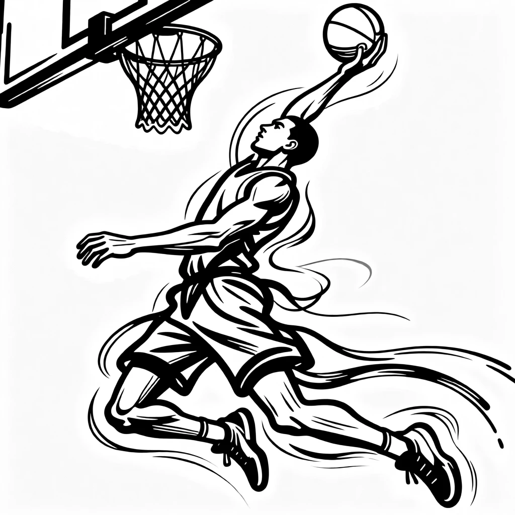 A basketball player mid-air for a dramatic slam dunk.
