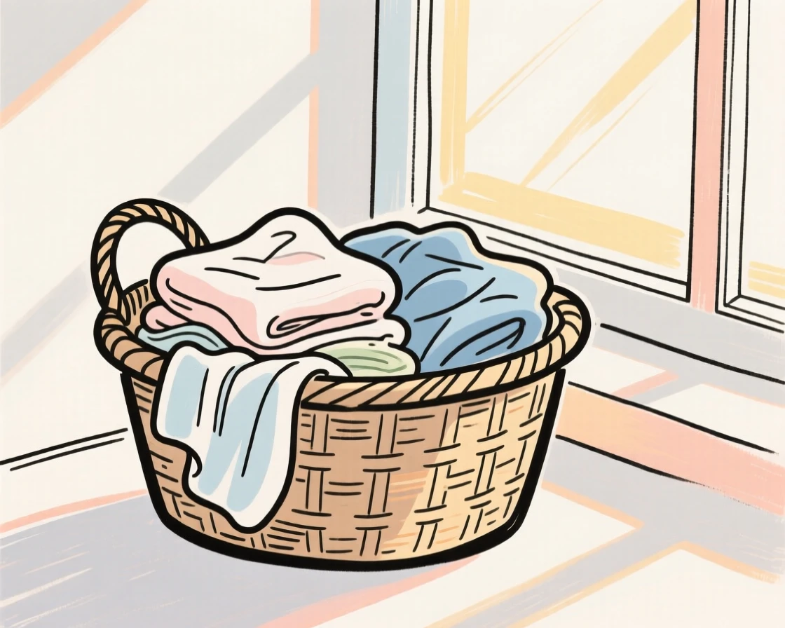 A basket of freshly folded laundry beside a sunny window.