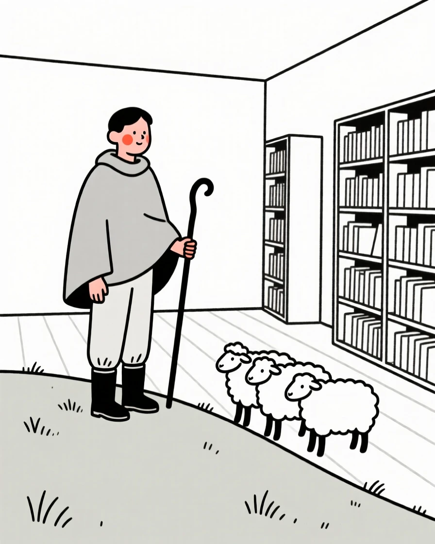 A shepherd on a hillside, radiating quiet confidence, in a quiet library.