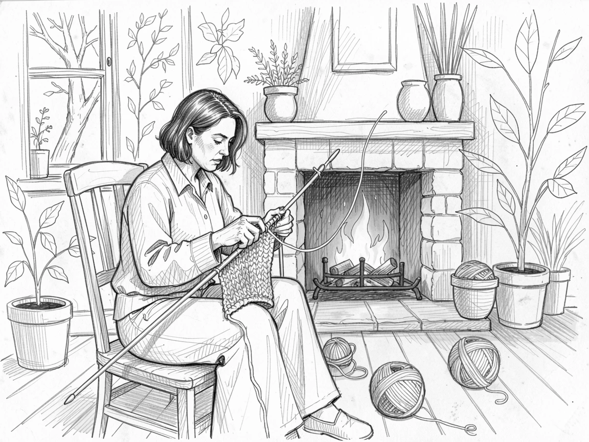 A knitter working by a warm fireplace, in a peaceful garden studio, with motion frozen in a dramatic instant.