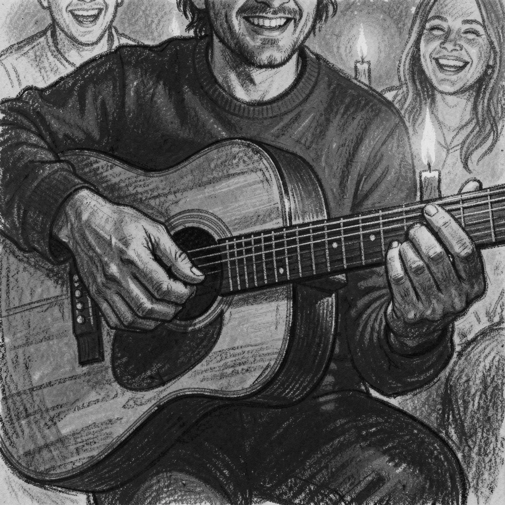 A musician's hands playing an acoustic guitar by candlelight, as laughter fills the air around them.