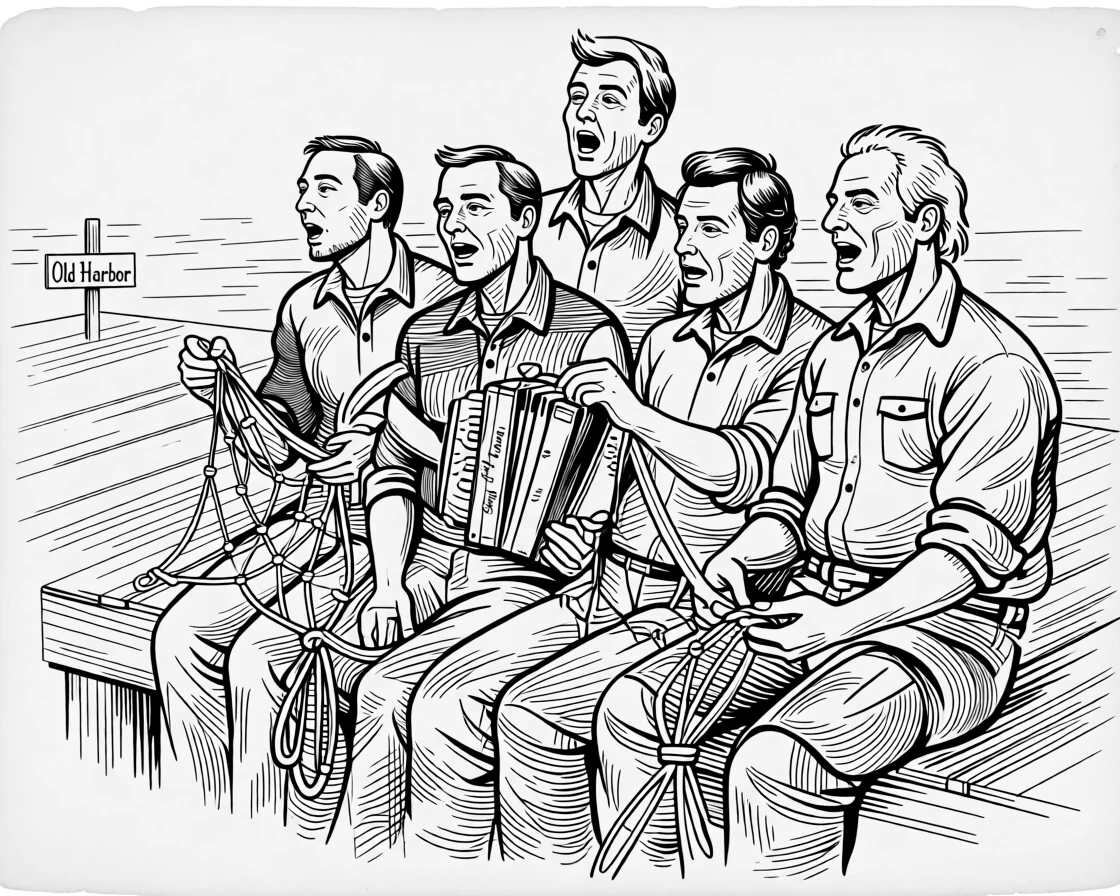 A group of fishermen singing traditional sea shanties while mending their nets.