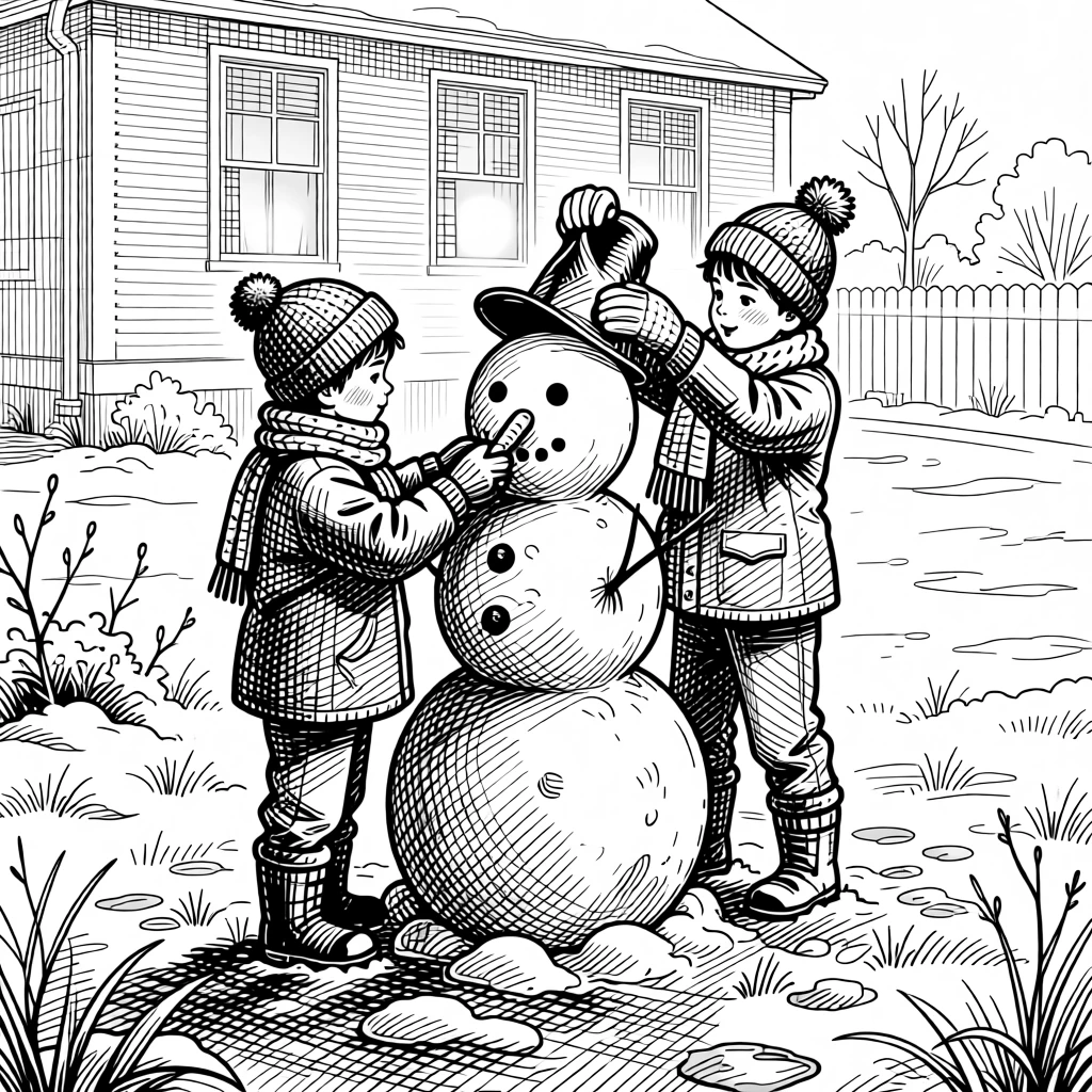 Children building a snowman in a quiet yard as morning frost coats the ground, with warm light spilling from every window, capturing a peacefully magical seasonal moment.
