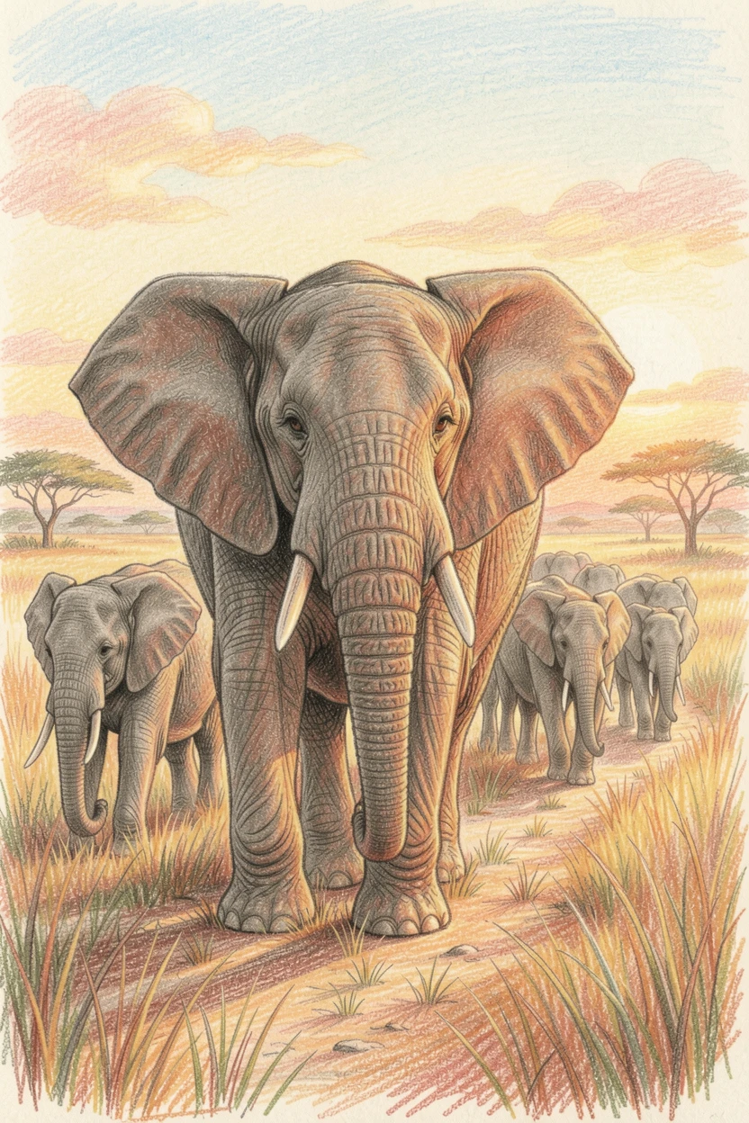 A wise elephant matriarch leading her herd across the savanna, bathed in the warm glow of golden-hour light, evoking nostalgia and a deep sense of contentment.