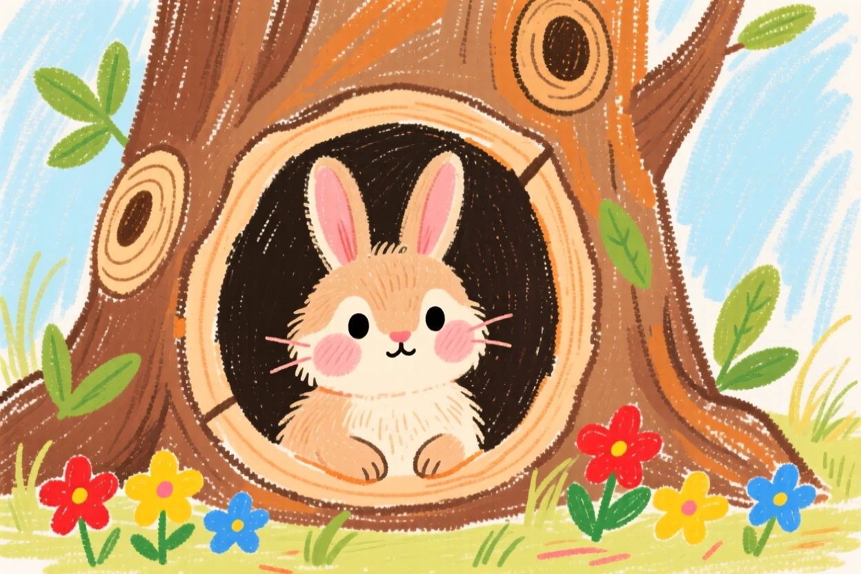 A shy rabbit living inside a cozy hollow tree stump.