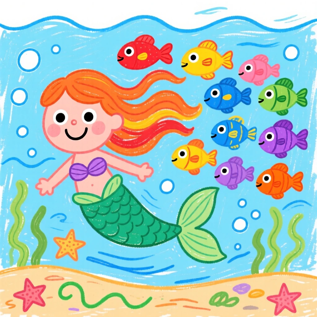 A mermaid swimming alongside a school of colorful fish.