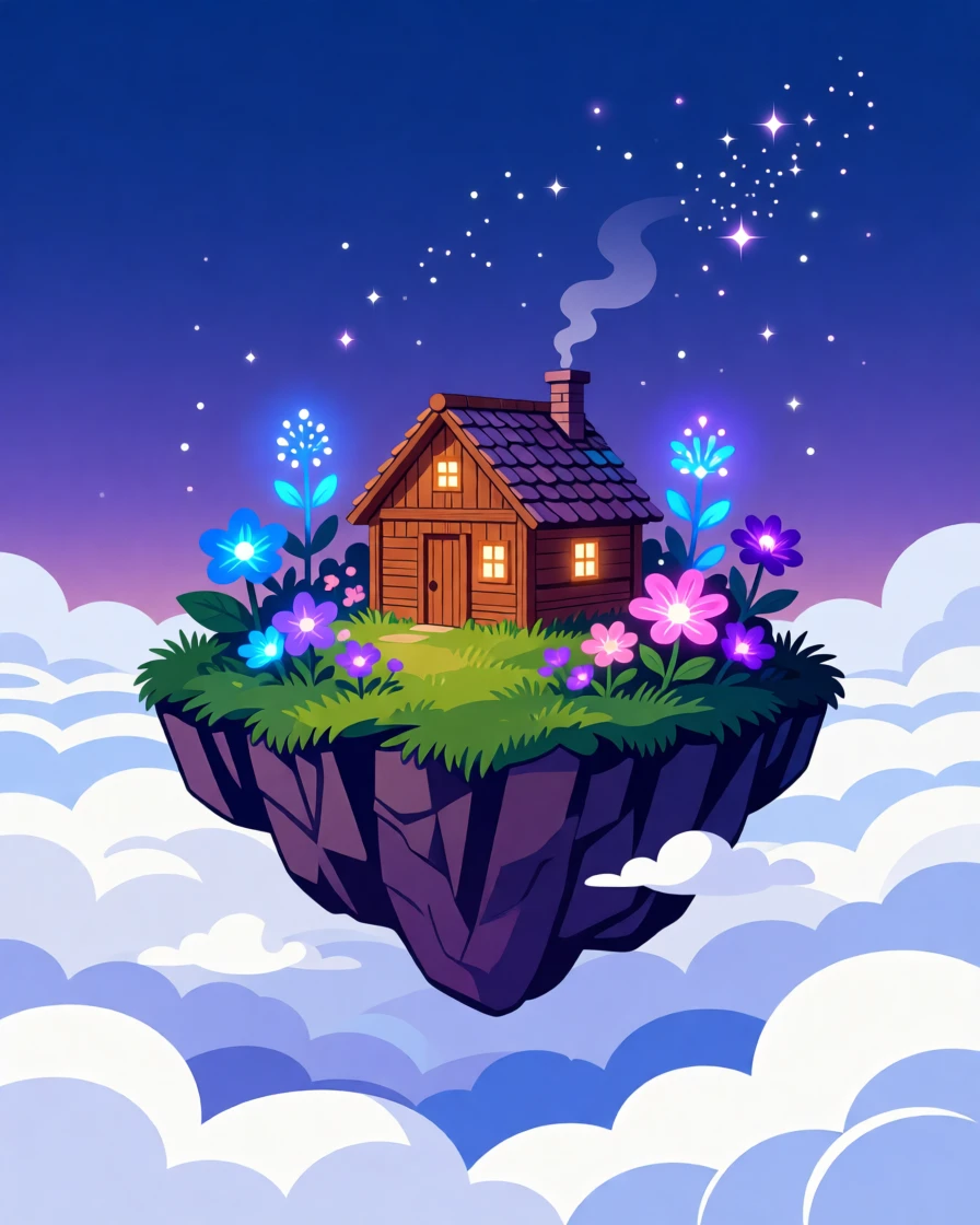 A floating island suspended above the clouds with a small cottage, surrounded by glowing flowers and luminescent plants, framed to capture both grandeur and delicate magical detail, with subtle magical particles drifting through the air.