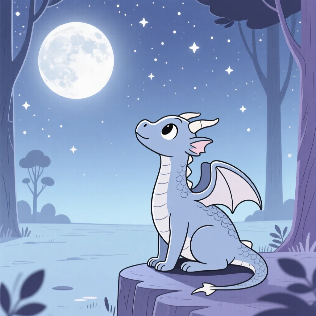 A young dragon watching the stars near a moonlit clearing.