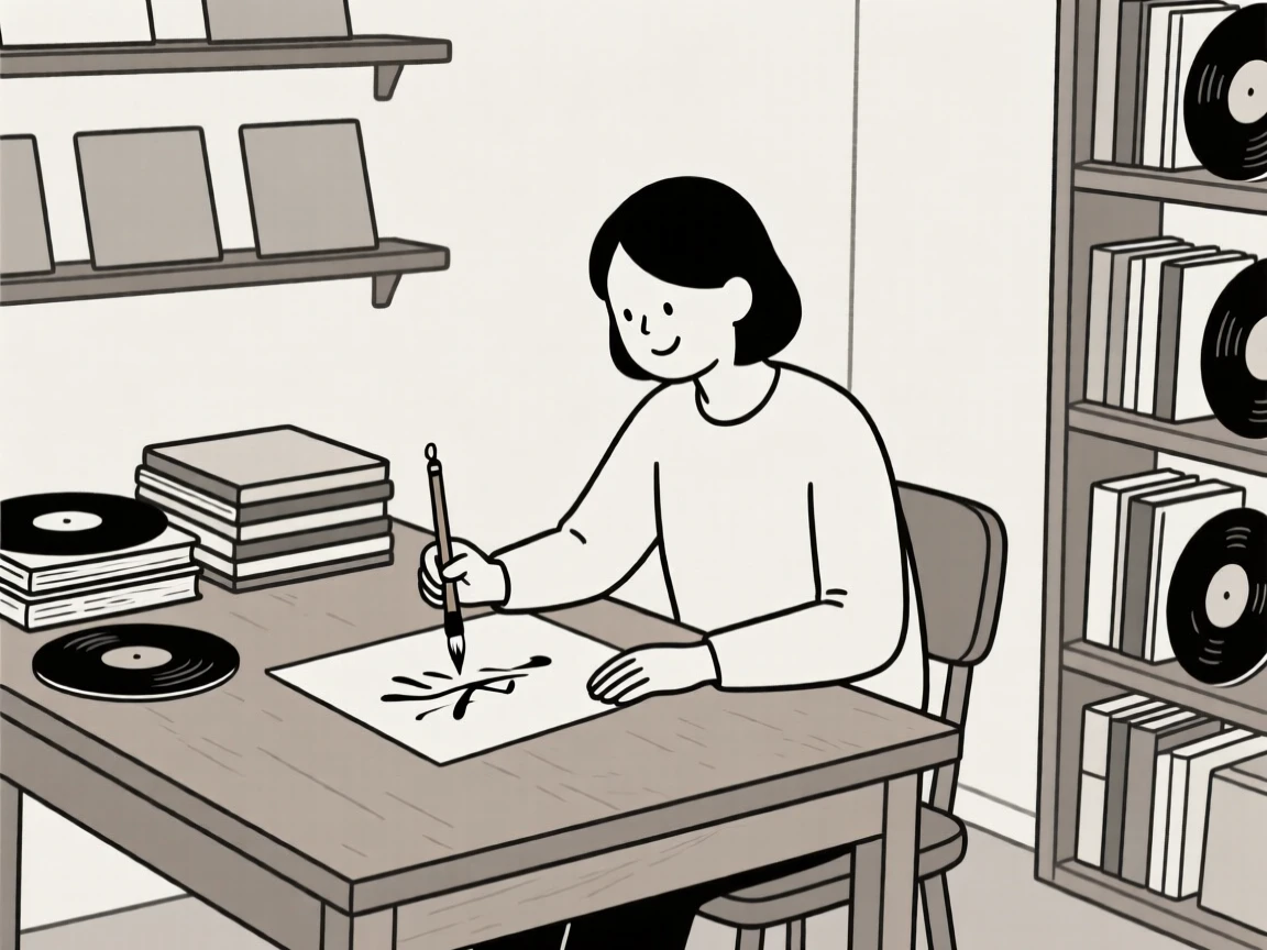 A person practicing calligraphy in a small home library, surrounded by stacks of vinyl records, showing quiet satisfaction.