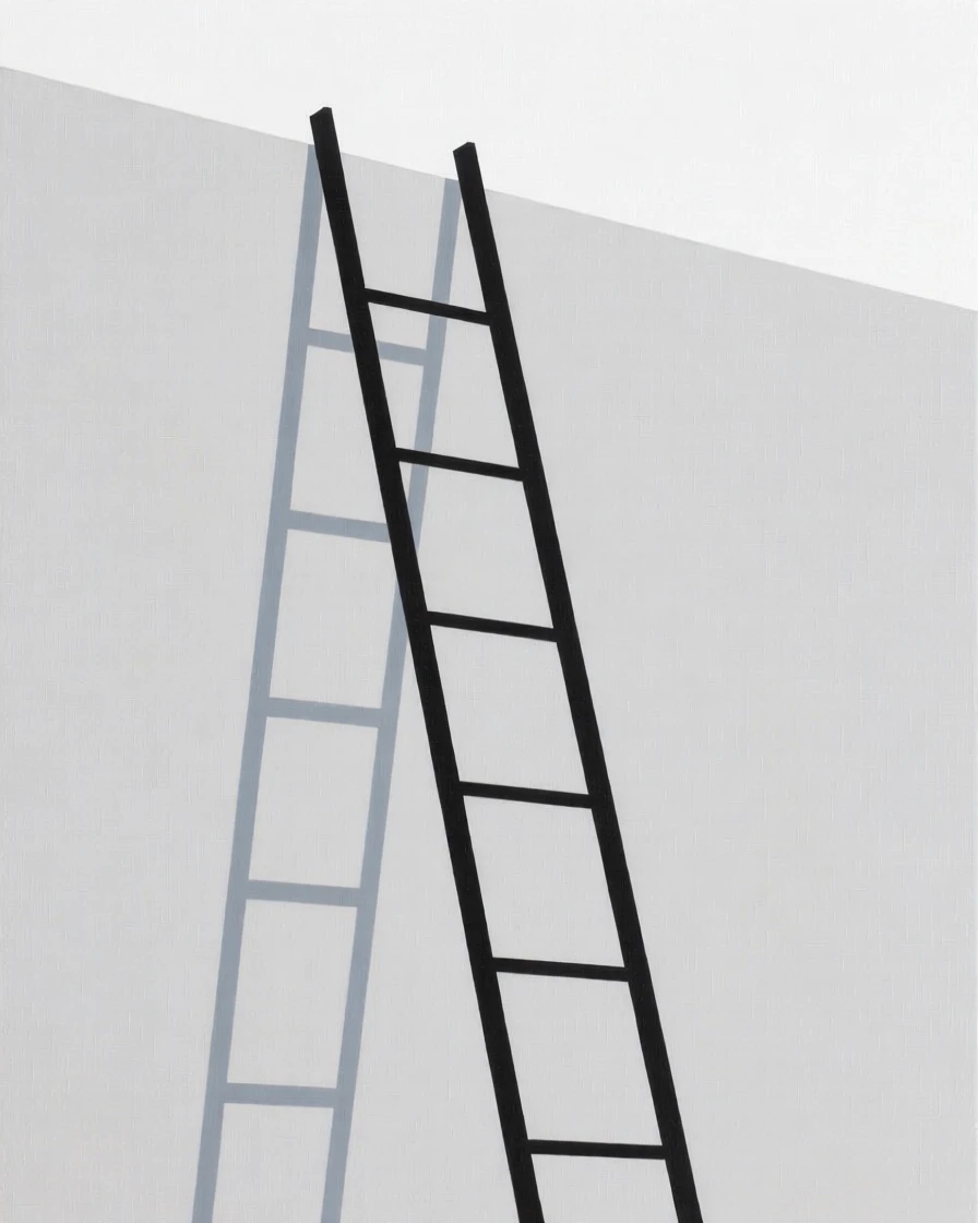 A ladder leaning against a tall wall reaching upward