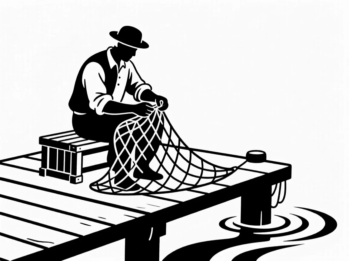 A fisherman mending nets on a quiet dock.