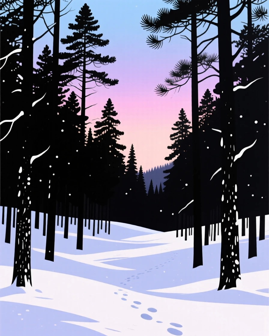 A quiet stretch of pine forest blanketed in the season's first snow.