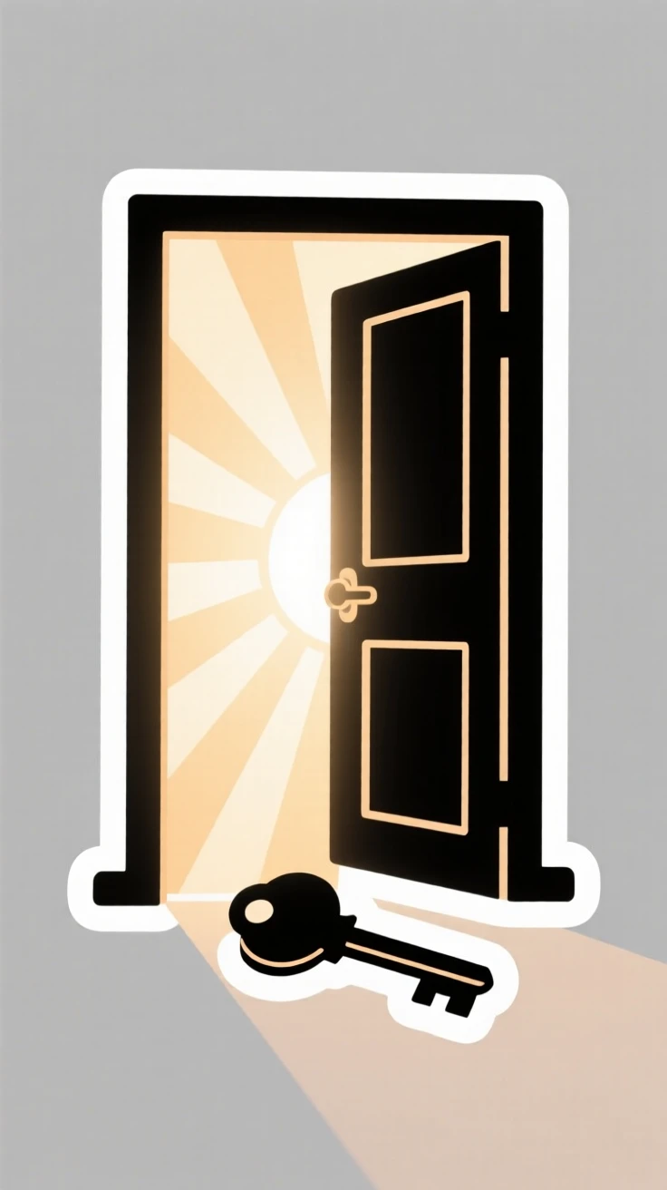 A tenderly hopeful scene of a key resting beside a softly glowing open door, framed by soft rays of morning sun, symbolizing quiet strength and resilience.