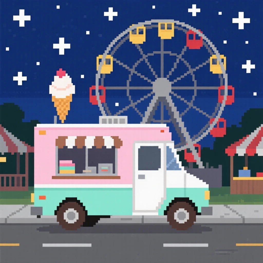 An ice cream truck parked on a quiet street set against a sky full of stars, at a small-town fair with a ferris wheel.
