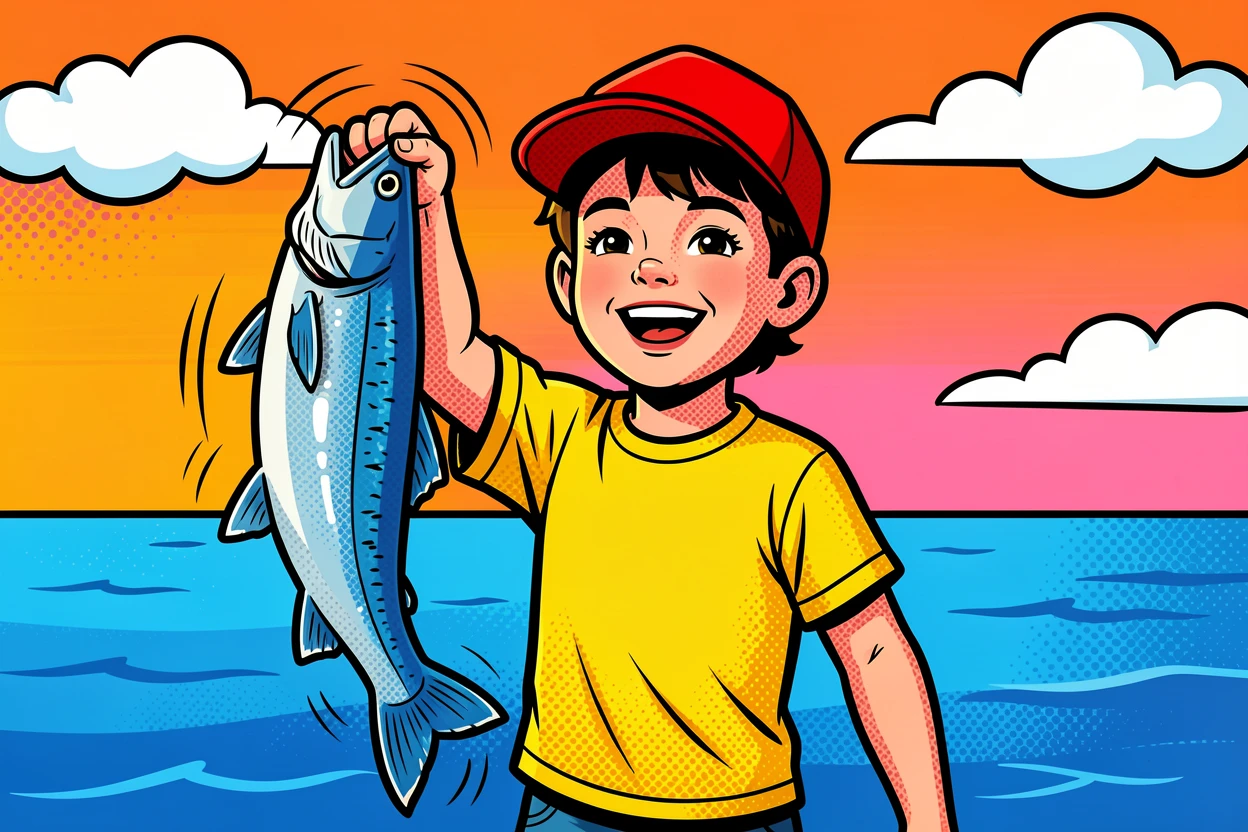 A child proudly holding up a freshly caught fish by a lake