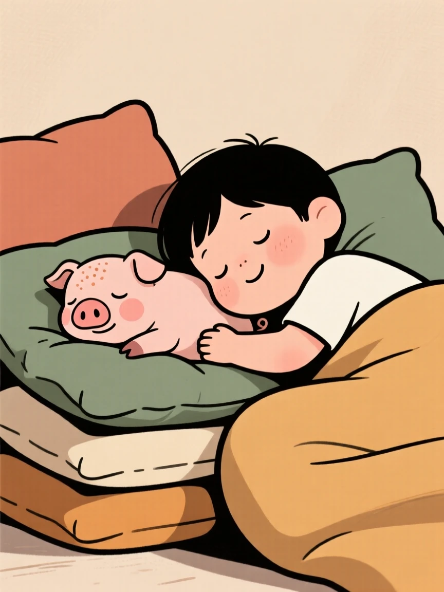 A piglet curls up beside a sleeping child on a pile of cushions, both worn out after an afternoon of chasing each other around the yard.