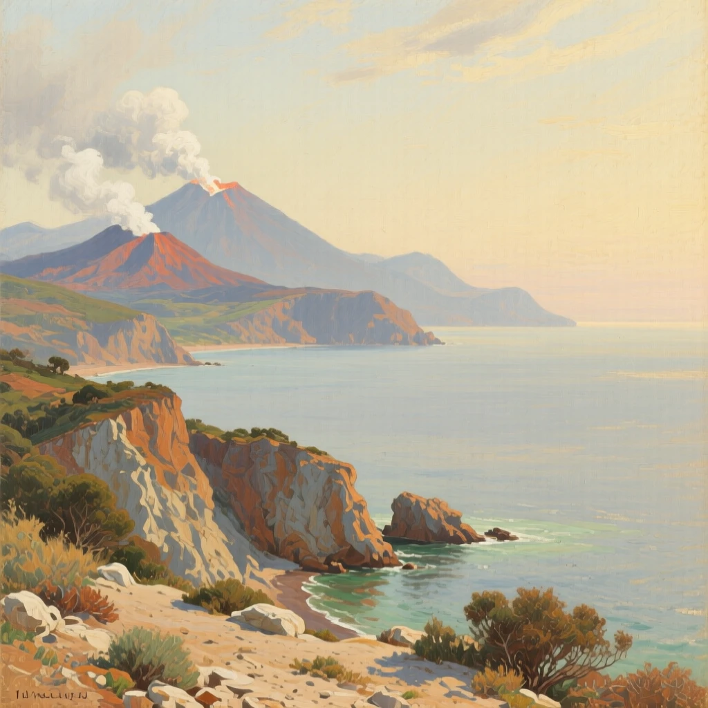 A wide establishing shot of a volcanic landscape with steam rising from distant peaks, on the coast of Provence, in the early 1900s.