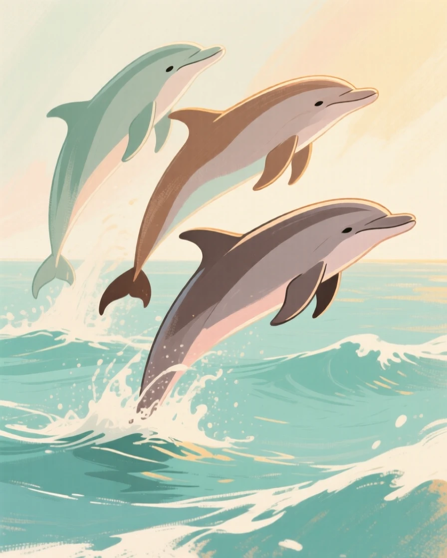 A pod of dolphins leaping through calm turquoise waves