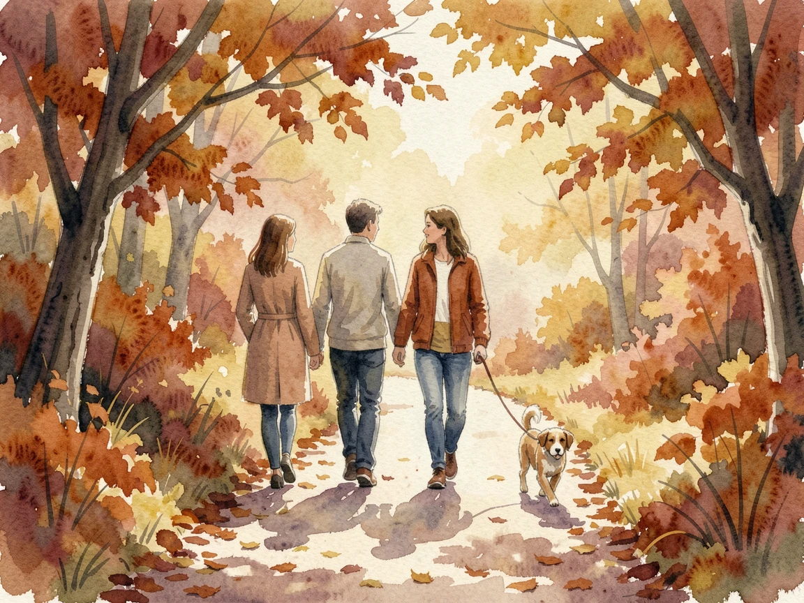 A family walking their dog along a autumn path in a moment of quiet togetherness.