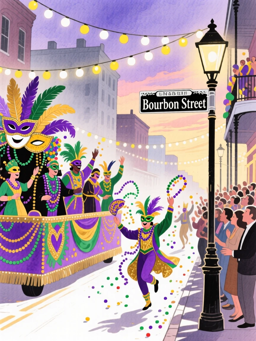A joyful scene of a Mardi Gras street parade, decorated with twinkling string lights, capturing the warmth of the celebration