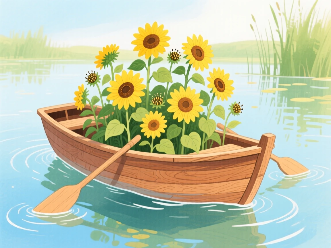 A wooden rowboat filled with sunflowers drifting on a calm pond.