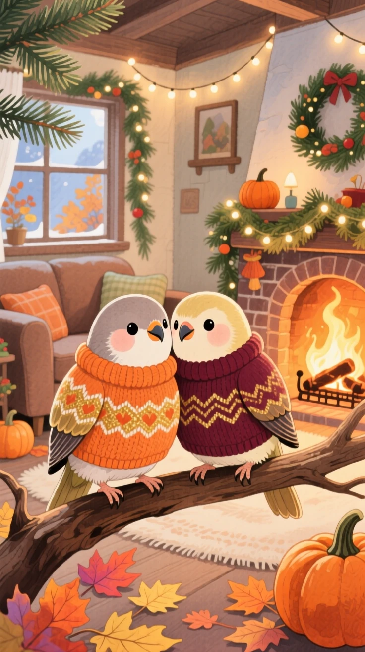 A pair of lovebirds wearing a tiny knitted sweater on a crisp autumn day, set in a snug living room decorated for the holidays, capturing a fleeting moment of quiet contentment.