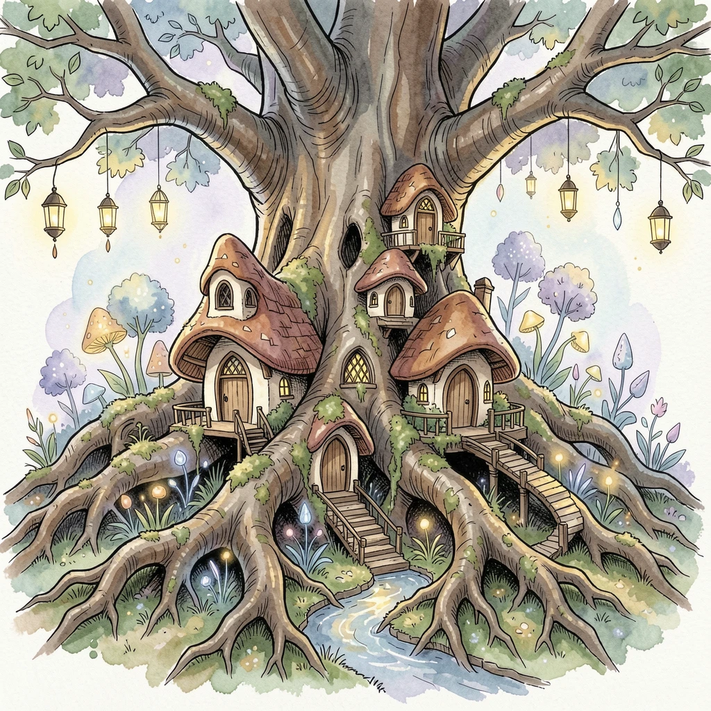 A hidden fae village built into the roots of an ancient tree, a soft magical glow illuminating the entire scene.