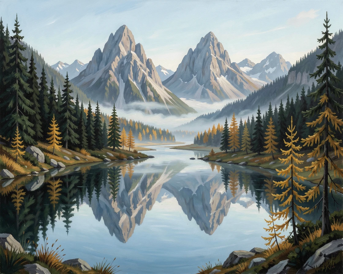 Twin peaks reflected in a still glacial tarn, at the edge of a dark pine forest, morning mist pooling in the valley far below, on a crisp autumn morning with golden larches far below.