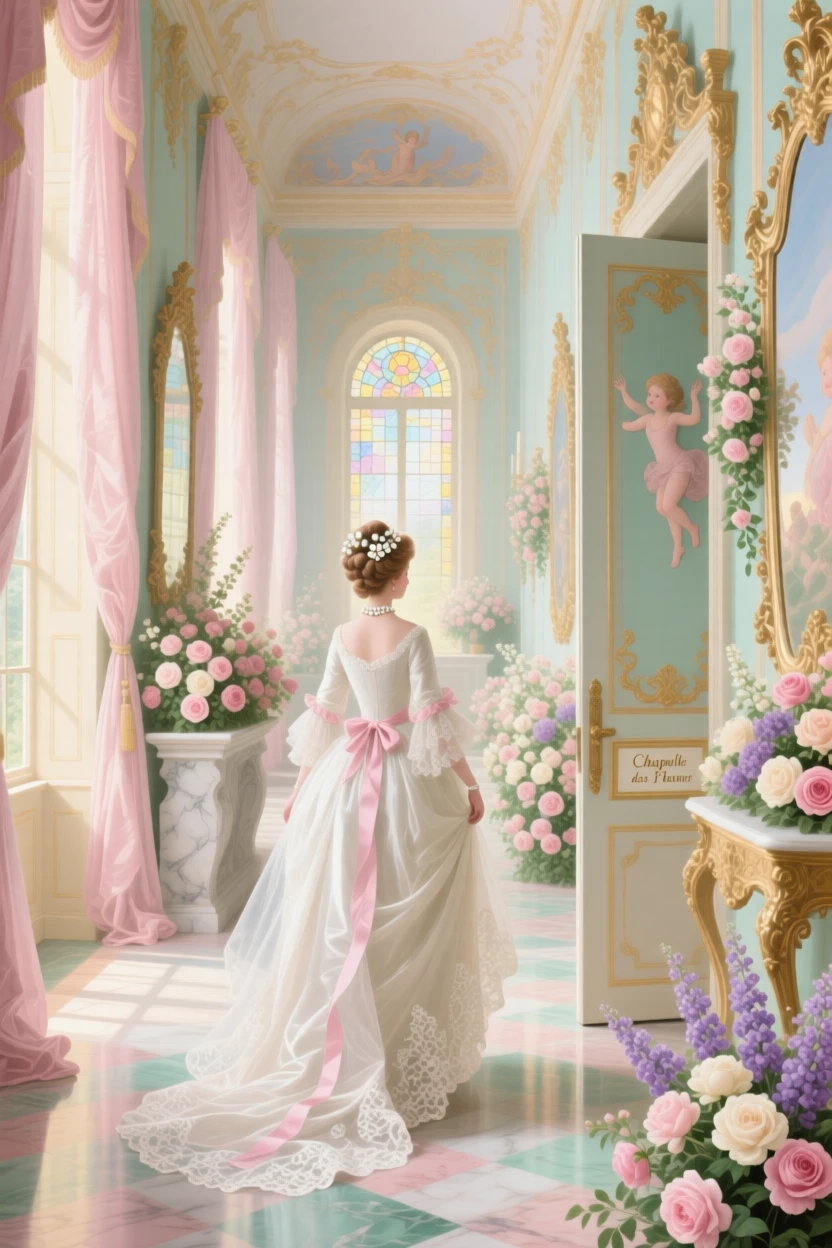 A bride walking through a palace corridor toward a flower-filled chapel  