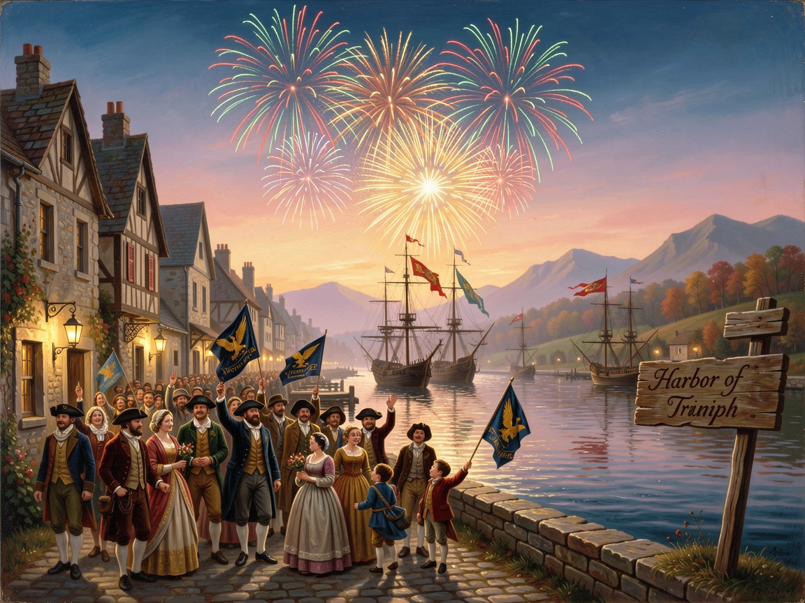 An old town celebrates a victory with fireworks over the harbor.