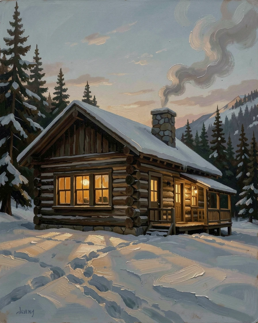 A snow-covered mountain cabin with smoke curling from its chimney at dusk, with warm, inviting light glowing throughout the scene, offering a joyful, memorable seasonal scene for any collection