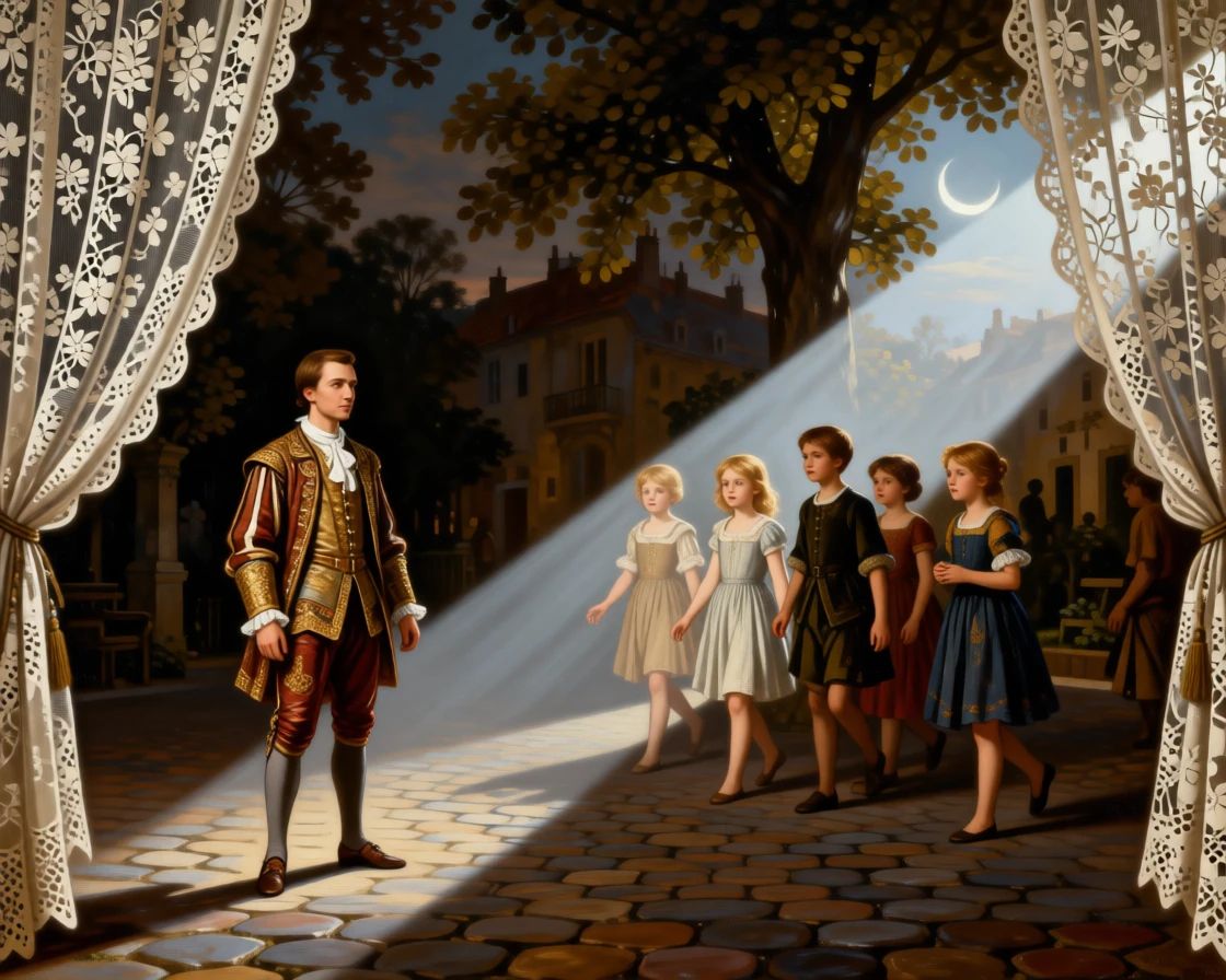 The pied piper leading enchanted children through a village square at the exact moment magic and reality intertwine, set within a moonlit garden fit for legend, with a crescent moon rising behind delicate lace curtains; a diagonal beam of moonlight highlights the pivotal narrative moment, filled with romance, imagination, and quiet drama.