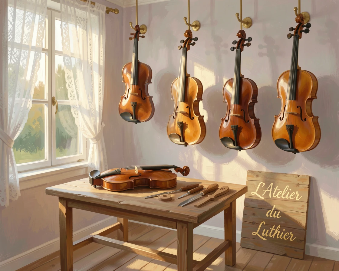 A quiet violin maker's workshop lined with instruments hanging from the ceiling on brass hooks, in the gentle hush of early morning, radiating serenity and gentle stillness.