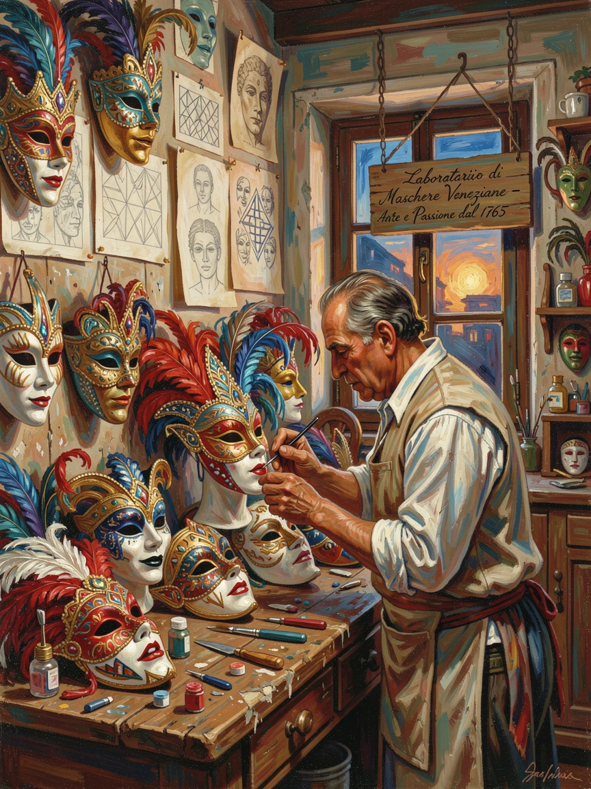 A traditional Venetian mask maker's workshop filled with elaborate carnival masks.