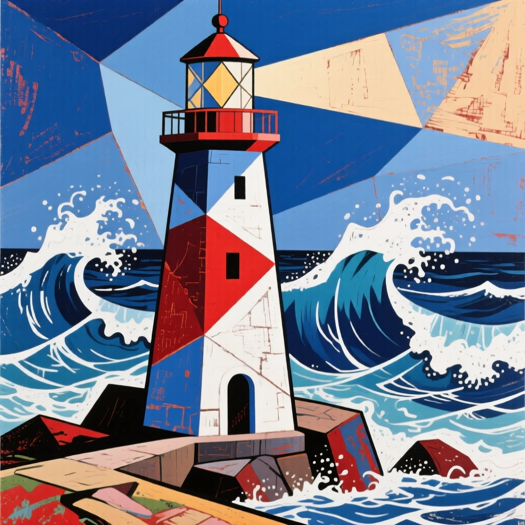 A dramatic atmospheric view of a coastal lighthouse standing firm against crashing waves.