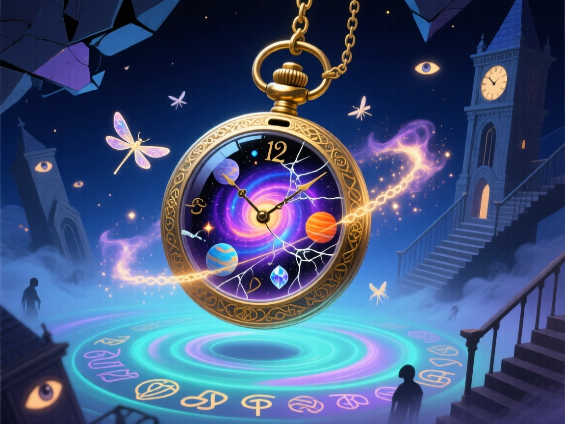 A tiny universe swirling inside an antique pocket watch hums quietly with a life entirely its own, as a soft hum of unseen life drifts outward.