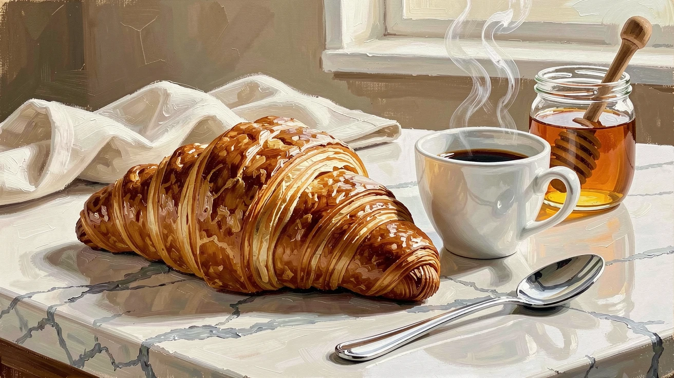 A decadent croissant sits freshly baked on a marble counter, golden flaky layers catching morning light beside a cup of espresso, the surrounding table setting adding context and warmth to the overall presentation.