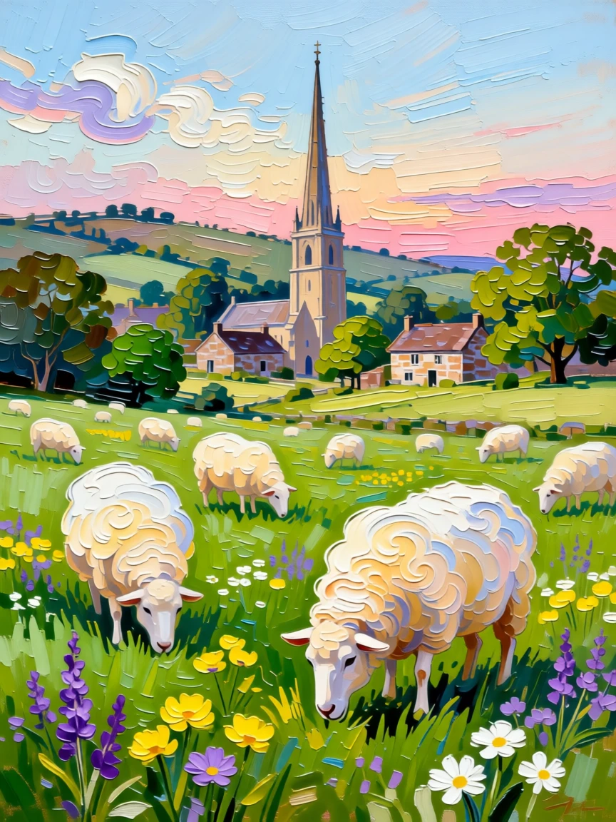 A quiet English countryside meadow dotted with grazing sheep and a distant church spire