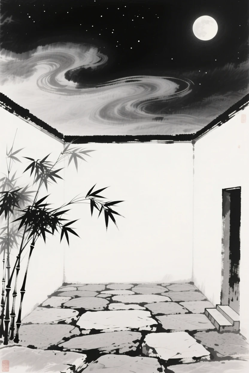 Moonlight filters through bamboo leaves onto a quiet stone courtyard, with clouds drifting slowly across the night sky.