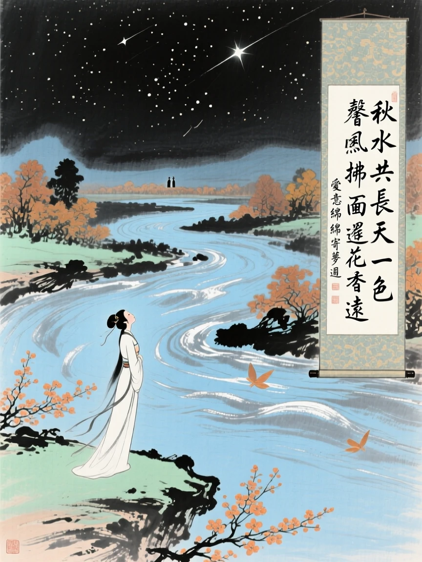 The weaver girl gazing across a river of stars toward her distant love, at the turn of autumn, in a warm breeze carrying the scent of blossoms.