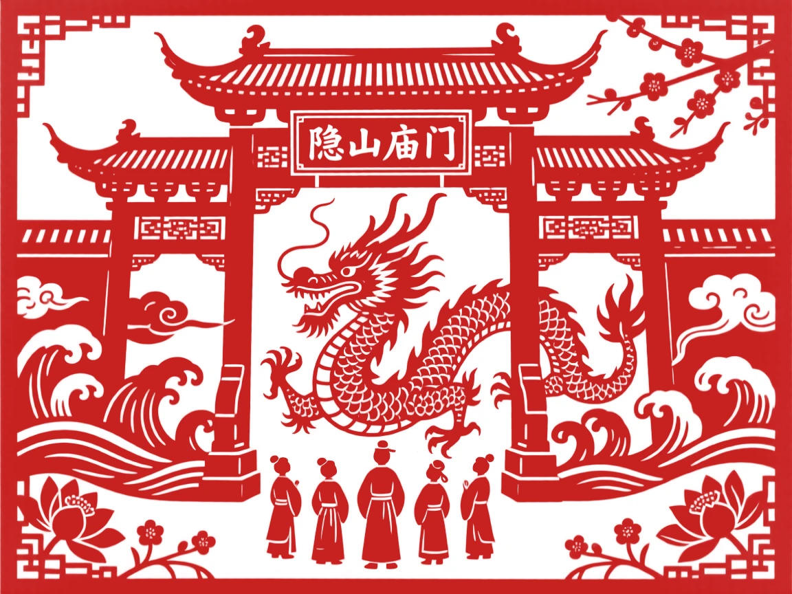 A river dragon king, guarding the gate of a hidden mountain temple, as mortal onlookers watch in awe from below.