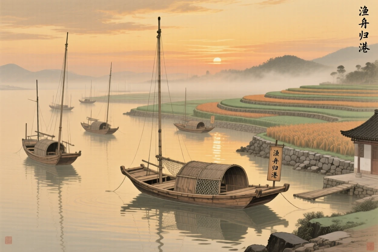 A quiet harbor at dusk with fishing boats returning home, soft golden light spilling across the terraced fields