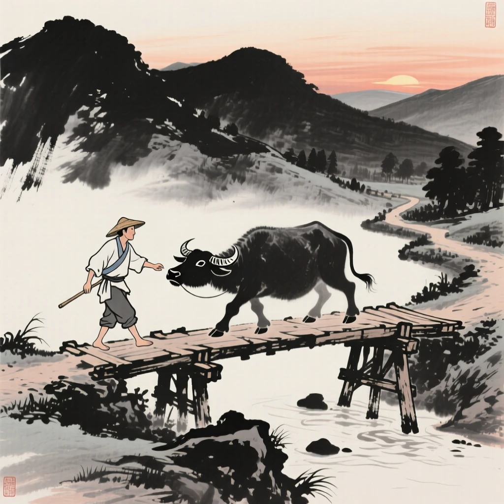 A farmer and his ox crossing an old wooden bridge at dusk along a quiet mountain trail, captured mid-gesture in a candid, natural moment, suggesting harmony between people and their surroundings.
